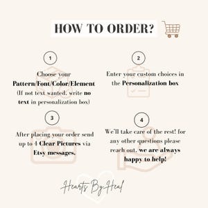 Puede incluir: Gr&aacute;fico beige con el texto "&iquest;C&Oacute;MO ORDENAR?" y pasos numerados. Las instrucciones incluyen elegir un patr&oacute;n, ingresar opciones personalizadas, enviar fotos y contactar al vendedor. El nombre de la tienda "Hearts By Heal" est&aacute; en la parte inferior.