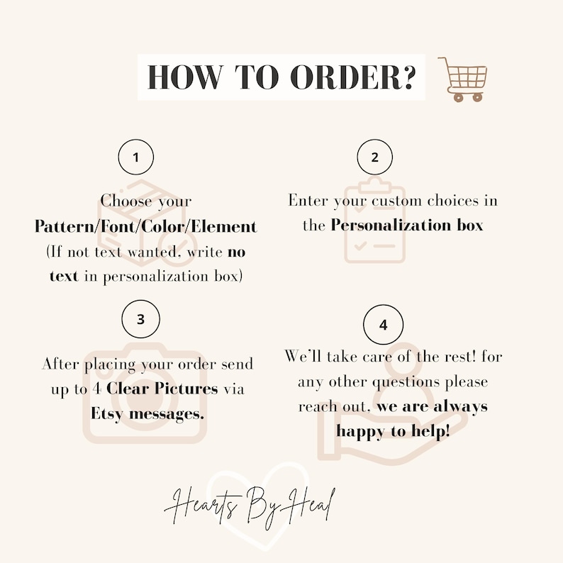 Puede incluir: Gr&aacute;fico beige con el texto "&iquest;C&Oacute;MO ORDENAR?" y pasos numerados. Las instrucciones incluyen elegir un patr&oacute;n, ingresar opciones personalizadas, enviar fotos y contactar al vendedor. El nombre de la tienda "Hearts By Heal" est&aacute; en la parte inferior.