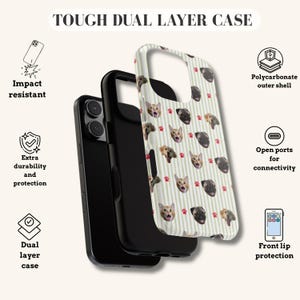 Puede incluir: Funda de tel&eacute;fono de doble capa resistente con un patr&oacute;n de rayas blancas y verdes. La funda presenta un patr&oacute;n repetido de caras de perros y gatos con huellas de patas rojas. Resistente a impactos y duradera.