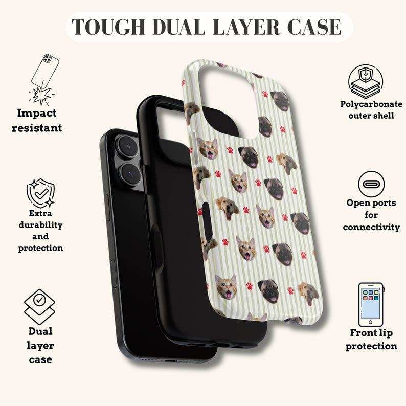 Puede incluir: Funda de tel&eacute;fono de doble capa resistente con un patr&oacute;n de rayas blancas y verdes. La funda presenta un patr&oacute;n repetido de caras de perros y gatos con huellas de patas rojas. Resistente a impactos y duradera.