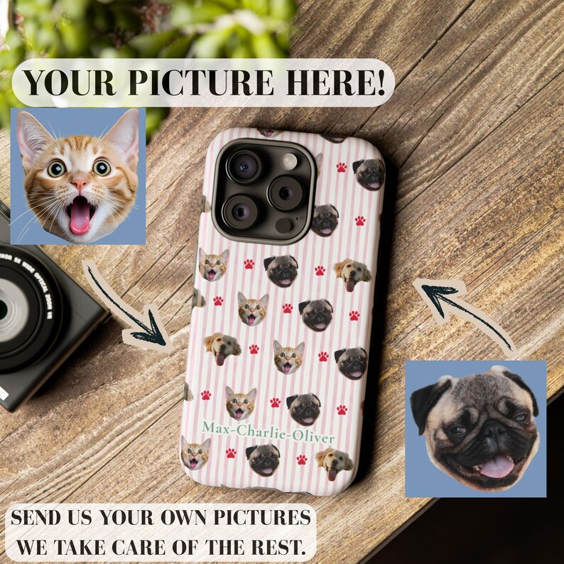 Puede incluir: Una funda de tel&eacute;fono personalizada con un patr&oacute;n repetido de caras de gatos y perros, huellas de patas rojas y rayas rosas. El texto "YOUR PICTURE HERE!" y "SEND US YOUR OWN PICTURES WE TAKE CARE OF THE REST."