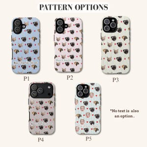 Puede incluir: Una selecci&oacute;n de fundas para tel&eacute;fonos con varios dise&ntilde;os. Las fundas presentan caras de perros, huellas de patas y caras de beb&eacute;s sobre fondos a rayas. El texto "Max-Charlie-Oliver" est&aacute; impreso en algunas fundas. El texto "Pattern Options" est&aacute; en la parte superior.