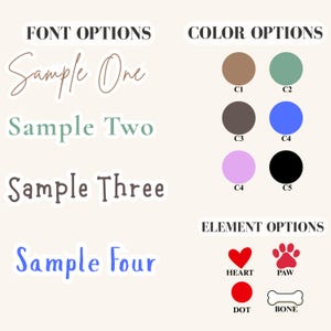 Puede incluir: Una imagen que muestra opciones de fuente, color y elementos. Las opciones de fuente incluyen "Sample One" en una fuente de escritura, "Sample Two" en una fuente sans-serif, "Sample Three" en una fuente serif y "Sample Four" en una fuente sans-serif en negrita. Las opciones de color se muestran como c&iacute;rculos. Las opciones de elementos incluyen un coraz&oacute;n, una huella de pata, un punto y un hueso.