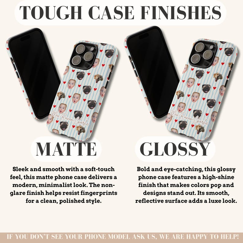 Puede incluir: Imagen de dos fundas de tel&eacute;fono, una mate y otra brillante. Presentan un patr&oacute;n de caras de carlino, corazones rojos y rayas azules. El texto "TOUGH CASE FINISHES" es visible.