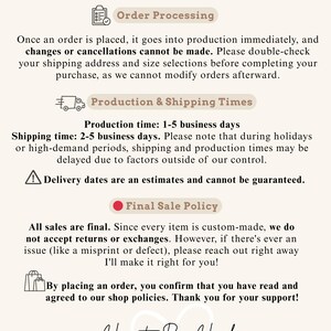 Puede incluir: Un documento color crema con el t&iacute;tulo "POL&Iacute;TICAS DE LA TIENDA" en la parte superior. El documento describe el procesamiento de pedidos, los tiempos de producci&oacute;n y env&iacute;o, y la pol&iacute;tica de venta final. El nombre de la tienda, "Hearts By Heal", est&aacute; en la parte inferior.
