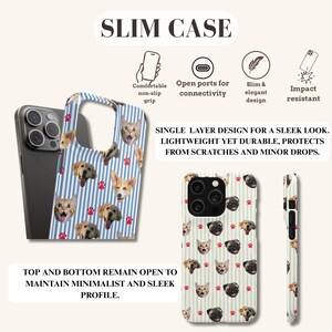 Puede incluir: Funda delgada para tel&eacute;fono con un patr&oacute;n de caras de perros y gatos y huellas de patas rojas sobre un fondo a rayas. La funda es ligera y resistente a los impactos, con el texto "SLIM CASE".