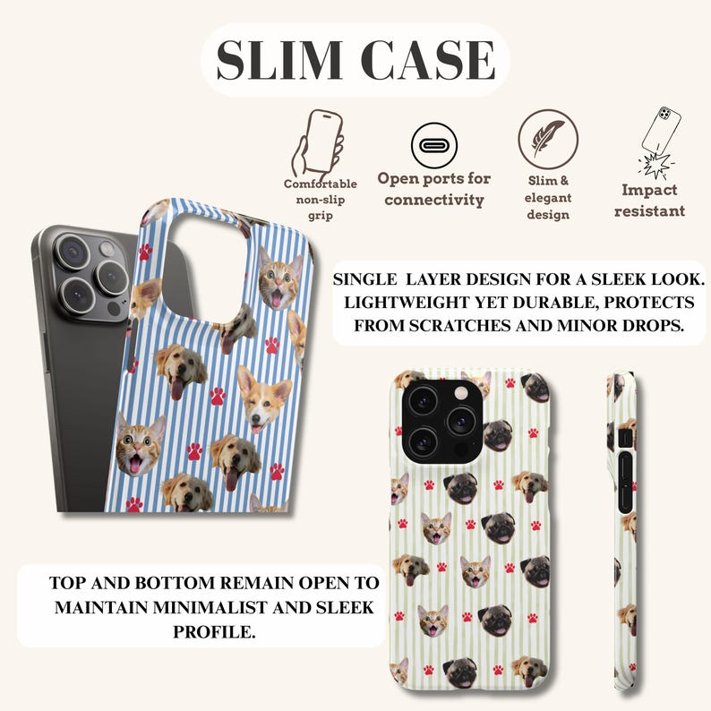 Puede incluir: Funda delgada para tel&eacute;fono con un patr&oacute;n de caras de perros y gatos y huellas de patas rojas sobre un fondo a rayas. La funda es ligera y resistente a los impactos, con el texto "SLIM CASE".