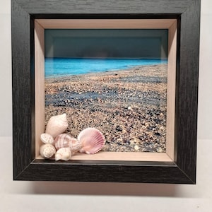 May include: A framed beach scene with a black wooden frame. The artwork features a sandy beach, blue ocean, and a collection of seashells in the foreground. The seashells are various sizes and colors, including white and pink.