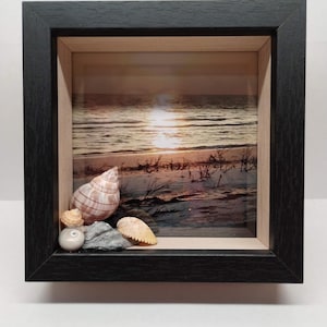 May include: A shadow box frame with a beach scene print. The frame is black with a natural wood interior. Seashells and small stones are arranged in the foreground. The print depicts a sunset over the ocean.