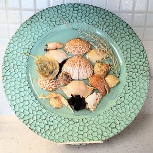 Op de afbeelding: Een decoratieve plaat met een turquoise craquelé-afwerking, gevuld met diverse schelpen, krabbenpoten en gedroogde plantenelementen. De plaat is rond en rust op een witte standaard, wat een kustthema creëert.