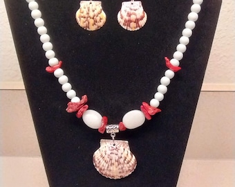 Scallop Pendant and Coral Beach Jewelry Set