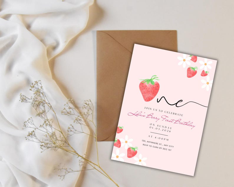 Berry First Birthday Invitation, Pink and Red Strawberry 1st Birthday ...