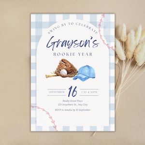 Rookie Year First Birthday Invitation | Baseball 1st Birthday Party Invite | Our Little Rookie is Turning One Bday Template