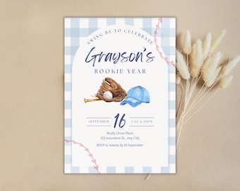 Rookie Year First Birthday Invitation | Baseball 1st Birthday Party Invite | Our Little Rookie is Turning One Bday Template