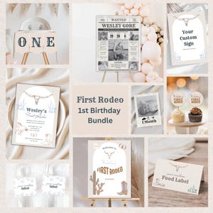 Editable First Rodeo Birthday Bundle Boy Rodeo 1st Birthday Package Cowboy Western Birthday Invite Rodeo 1st Birthday Retro Wild West Boho
