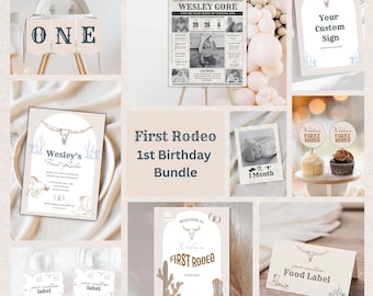 Editable First Rodeo Birthday Bundle Boy Rodeo 1st Birthday Package Cowboy Western Birthday Invite Rodeo 1st Birthday Retro Wild West Boho