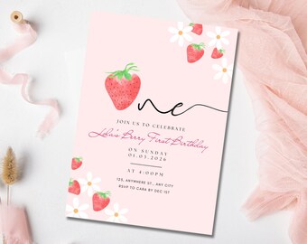 Berry First Birthday Invitation, Pink and Red Strawberry 1st Birthday Invite, Daisy Strawberries, Berry First Birthday, 1st Birthday Girl