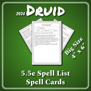 Może przedstawiać: Zestaw kart zaklęć druida 5.5e do Dungeons and Dragons. Karty mają rozmiar 10 cm na 15 cm i białe tło z czarnym tekstem. Pokazana karta to zaklęcie Dobroczynne Jagody.