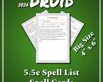 5.5e DnD Druid Spell Cards Digital Download - D&D Players Handbook 2024 Printable PDF