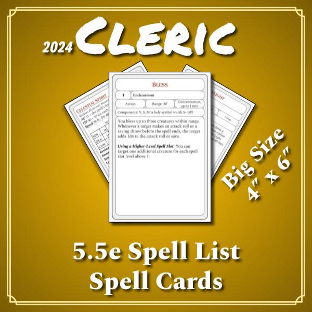 5.5e Dnd Cleric Spell Cards Digital Download - D&D Spell List Player's ...