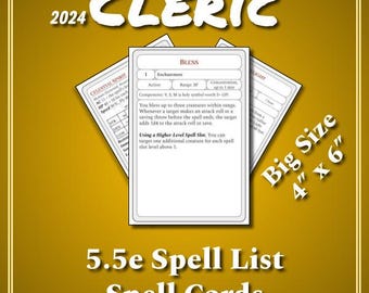 5.5e DnD Cleric Spell Cards Digital Download - D&D Spell List Player's Handbook 2024 Printable PDF