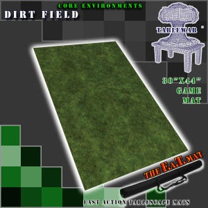 May include: A green 30" x 44" game mat depicting a dirt field. The mat is rolled up in a black carrying case with the text "The F.A.T. Mat" and "Fast Action Tablescape Mats".