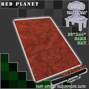 Peut inclure: Tapis de jeu Red Planet, un tapis texturé rouge et brun de 76,2 cm x 111,76 cm avec un tube de transport noir. Le tapis est conçu pour les jeux de table et comporte le texte "TABLEWAR" et "THE F.A.T. MAT".