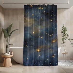 Gold Glitter Starry Night Shower Curtain: Moody Celestial Bathroom Decor
