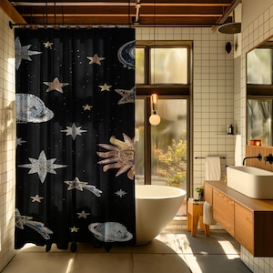 Cosmic Embroidery Shower Curtain: Celestial Stars, Moon & Planets