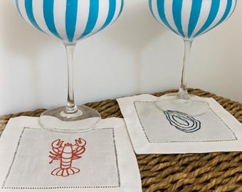 Embroidered Linen Cocktail Napkins: Coastal Oyster & Lobster Design