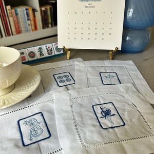 Embroidered Linen Cocktail Napkins: Mahjong Tile Designs, Set of 4