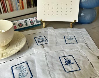 Embroidered Linen Cocktail Napkins: Mahjong Tile Designs, Set of 4