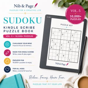 May include: A digital Sudoku puzzle book for Kindle Scribe titled Nib & Page Vol. 5, featuring 10,000+ puzzles. The screen displays Puzzle #27, a grid with numbers. Text includes Challenge Your Mind, Made for Kindle Scribe, and Relax. Focus. Have Fun.