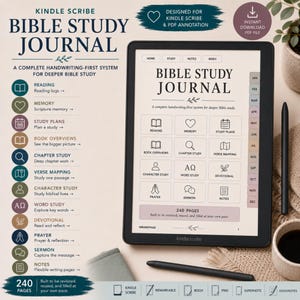 May include: A Kindle Scribe digital tablet displaying a Bible Study Journal with a menu of sections including Reading, Memory, Study Plans, Book Overviews, Chapter Study, Verse Mapping, Character Study, Word Study, Devotional, Prayer, Sermon, and Notes.