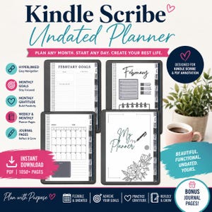 Op de afbeelding: Een digitale ongedateerde Kindle Scribe planner met meer dan 1050 pagina's, hyperlinknavigatie, maandelijkse doelen, dankbaarheidslogboeken en dagboekpagina's. De interface toont februari-doelen, een maandkalender en een My Planner-omslag.