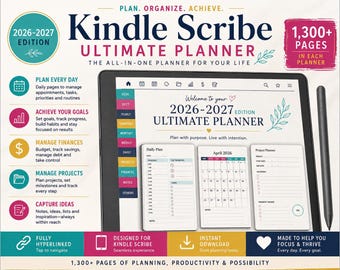 Può includere: Un'agenda digitale Kindle Scribe Ultimate Planner edizione 2026-2027 visualizzata sullo schermo di un tablet con uno stilo. L'interfaccia presenta schede di navigazione colorate, pagine di pianificazione giornaliera, un calendario e sezioni per il monitoraggio dei progetti.