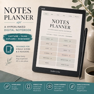 May include: A black Kindle Scribe e-reader displaying a digital notes planner interface with hyperlinked tabs for home, index, notes, ideas, journal, and projects. The screen shows a menu with categories like lined, dots, grid, blank, lists, and meetings.