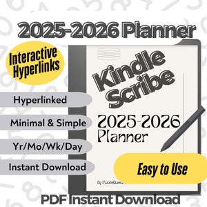 May include: A yellow and black digital planner for Kindle Scribe with the text "2025-2026 Planner" and "Easy to Use". The planner features interactive hyperlinks, a minimal and simple design, and includes year, month, week, and day views.