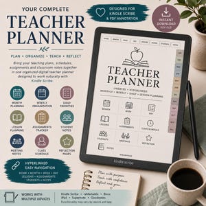 May include: A digital teacher planner displayed on a Kindle Scribe tablet, featuring a hyperlinked interface with sections for monthly, weekly, and daily planning, lesson tracking, and student notes, accompanied by a stylus and a spiral-bound notebook.