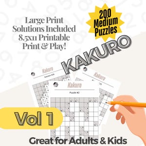 Könnte beinhalten: Ein Set mit 200 Kakuro-Rätseln, in großer Schrift auf Papier im Format 21,6 x 27,9 cm gedruckt. Die Rätsel sind mit "Vol 1" gekennzeichnet und als "Perfekt für Erwachsene und Kinder" beschrieben. Lösungen sind enthalten.