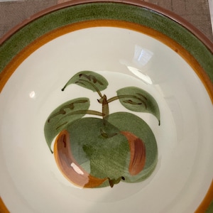 May include: A ceramic bowl with a white interior and a green, orange, and brown rim. The bowl features a hand-painted green apple design in the center. The apple has brown and orange accents and green leaves.