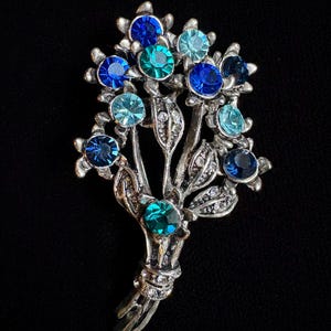 Vintage Blue Rhinestone Bouquet Pin, Handcrafted Antique Bouquet Brooch