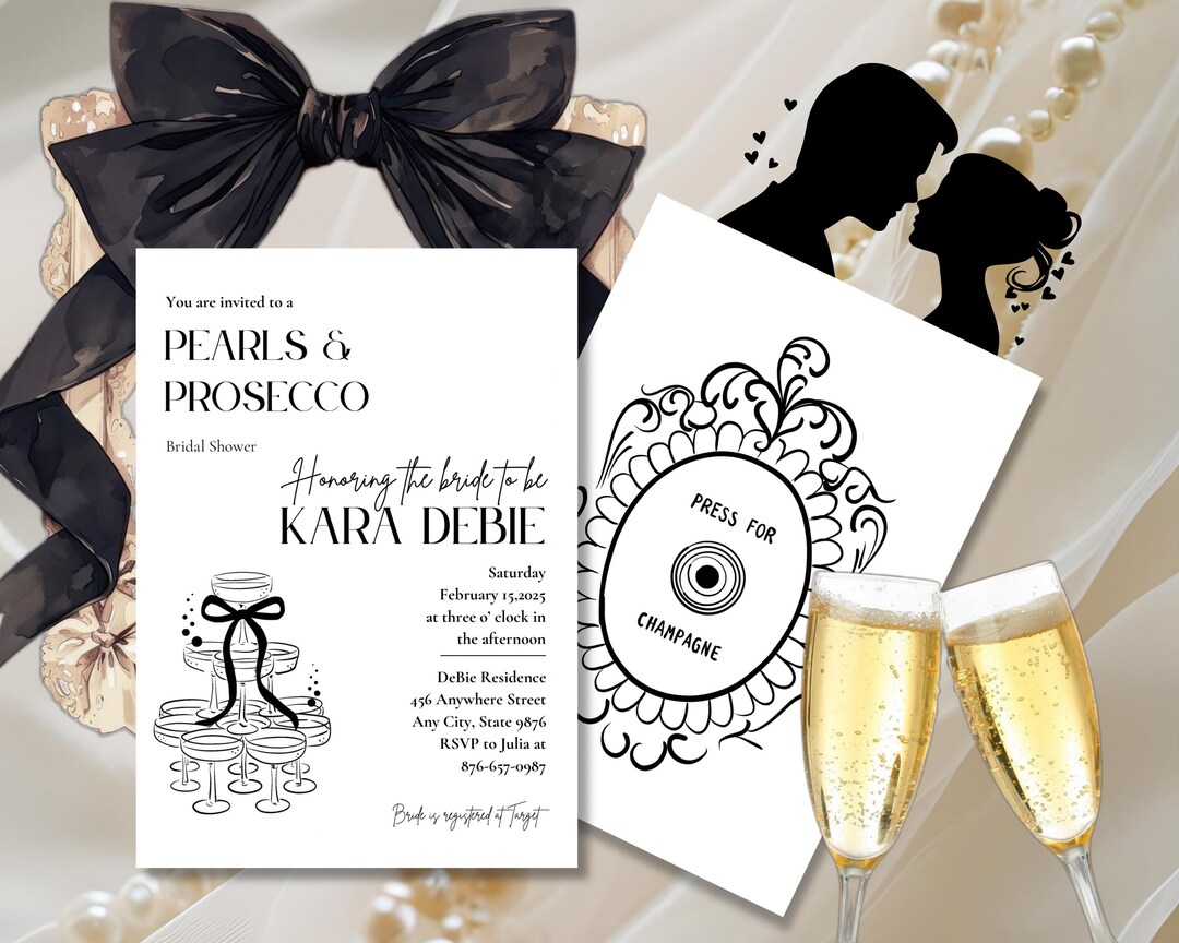 Pearls and Prosecco Bridal Shower Invite Template, Black and White ...
