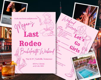 Invitación e itinerario para despedida de soltera de Last Rodeo, temática vaquera (plantilla de Canva)