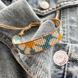 Handmade Miyuki Loom Bracelet – Turquoise, Mustard & Cream Beaded Boho Jewelry – Adjustable Woven Friendship Bracelet