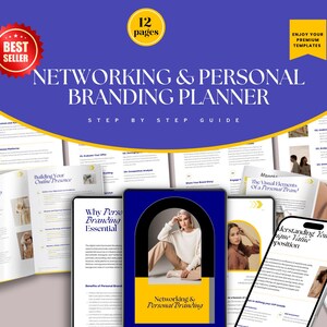 May include: A 12-page guide titled "Networking & Personal Branding Planner: Step by Step Guide" with a yellow and blue color scheme. The guide includes tips on building an online presence, understanding your unique value proposition, and the visual elements of a personal brand.