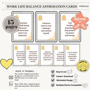 15 Affirmationskarten Work-Life-Balance Digitaler Download Tägliche Motivation für Professionals Selbstfürsorge und Produktivität Printable