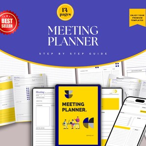 May include: A digital planner template with 12 pages for organizing meetings. The template features a yellow and gray color scheme with the text "Meeting Planner" and a graphic of people in a meeting. The template is labeled as a "Best Seller" and "Enjoy Your Premium Templates".