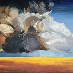 Une peinture à l'huile expressionniste aux traits audacieux représentant un nuage tumultueux au-dessus d'un champ mûr, évoquant une joyeuse tempête d'émotions.