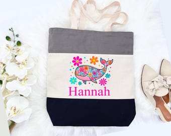 Custom Floral Fish Tote Bag, Sea Life Tote Bag, Personalized Whale Bag, Beach Gift Bag, Cute Fish Tote Bag, Summer Vacation  Bag